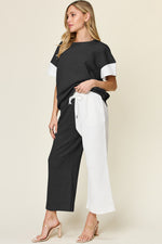 Double Take Texture Contrast T-Shirt and Wide Leg Pants Set