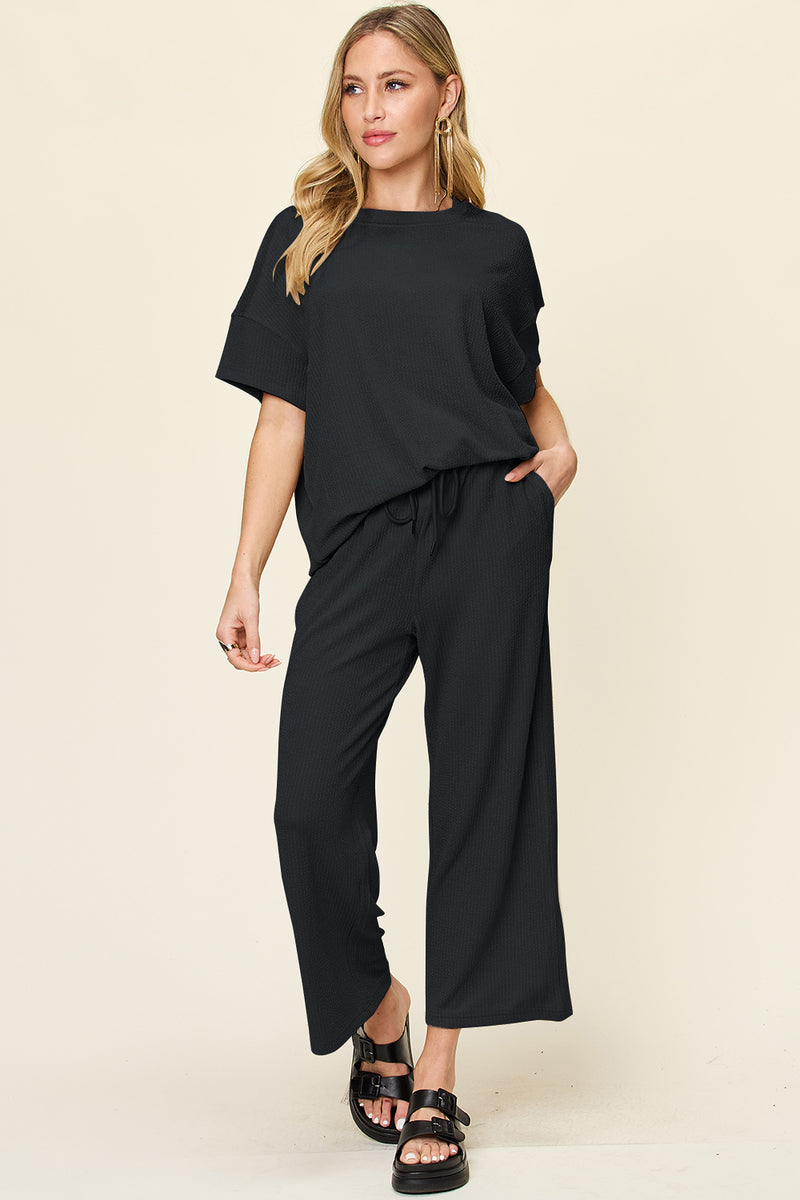 Double Take Texture Round Neck Short Sleeve T-Shirt and Wide Leg Pants