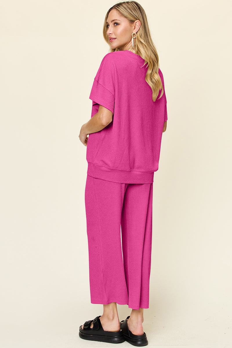 Double Take Texture Round Neck Short Sleeve T-Shirt and Wide Leg Pants