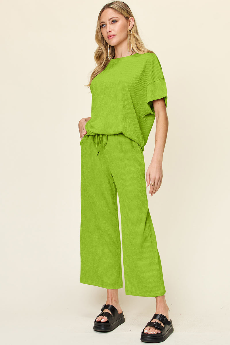 Double Take Texture Round Neck Short Sleeve T-Shirt and Wide Leg Pants