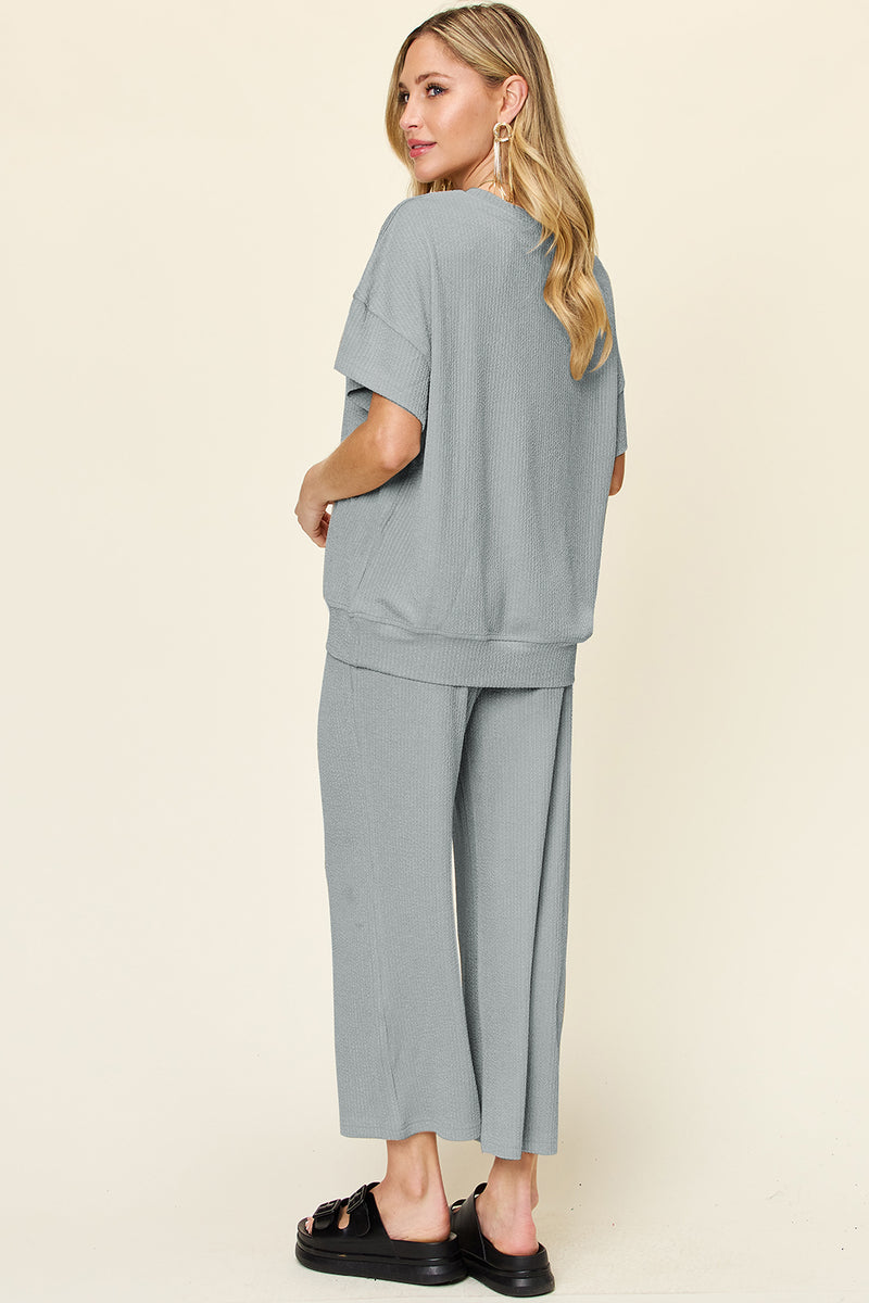 Double Take Texture Round Neck Short Sleeve T-Shirt and Wide Leg Pants