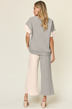 Double Take Texture Contrast T-Shirt and Wide Leg Pants Set