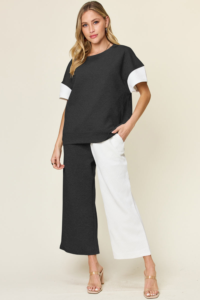 Double Take Texture Contrast T-Shirt and Wide Leg Pants Set