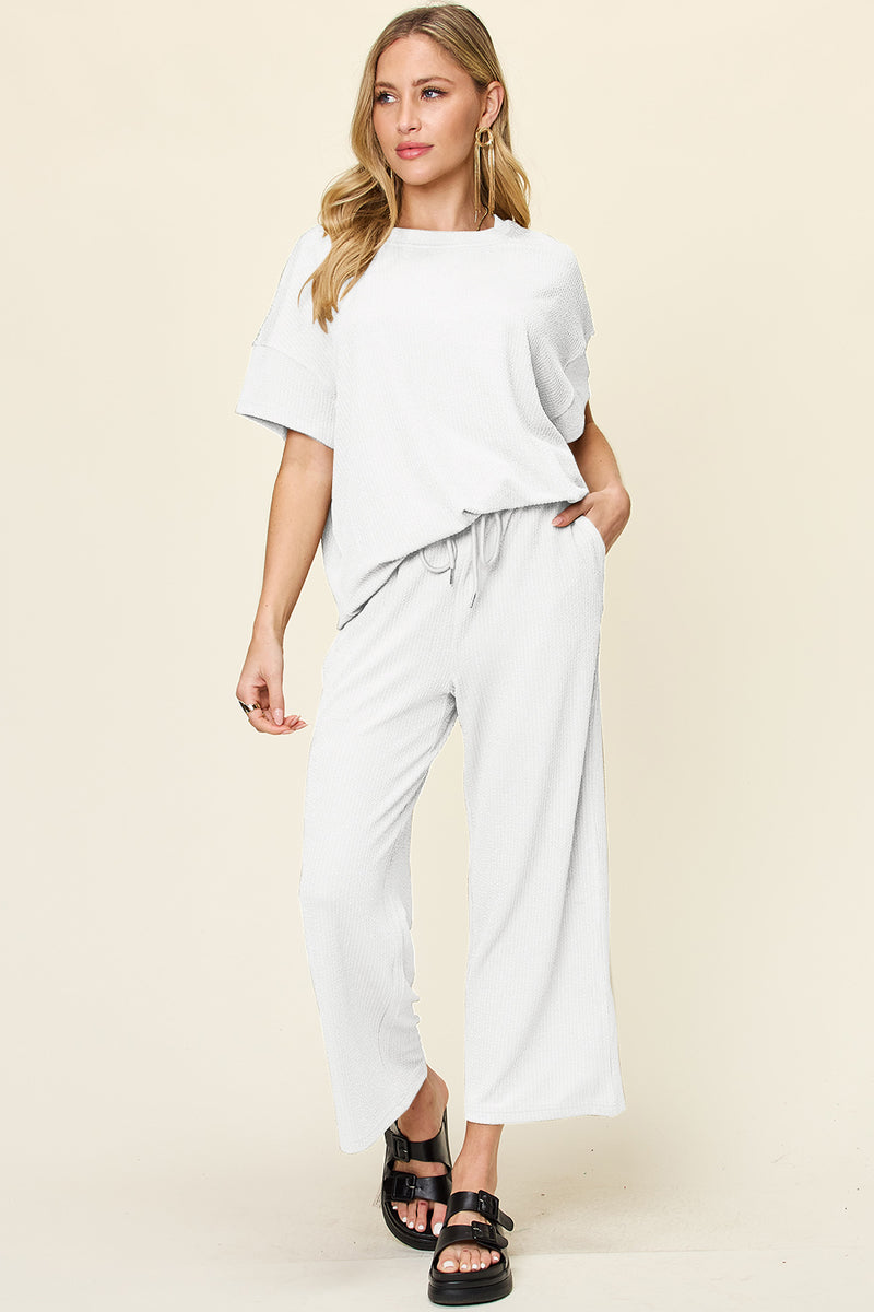 Double Take Texture Round Neck Short Sleeve T-Shirt and Wide Leg Pants