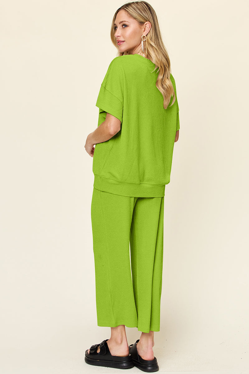 Double Take Texture Round Neck Short Sleeve T-Shirt and Wide Leg Pants