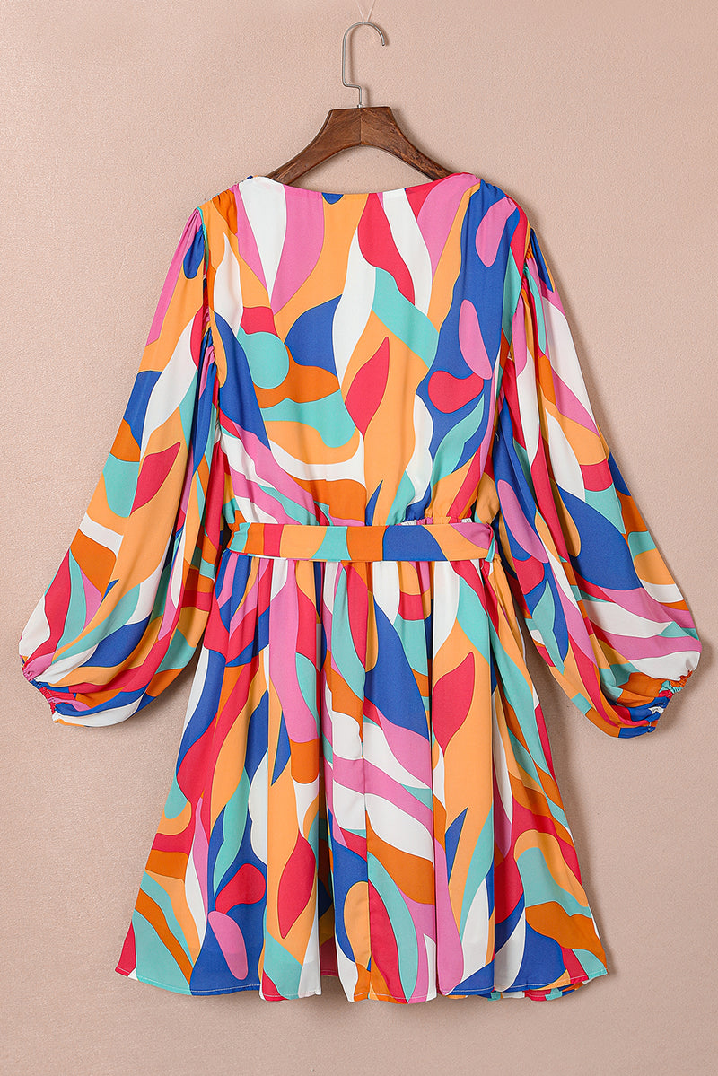 Multicolor Plus Size Abstract Print Oversized Sleeve Belted Dress