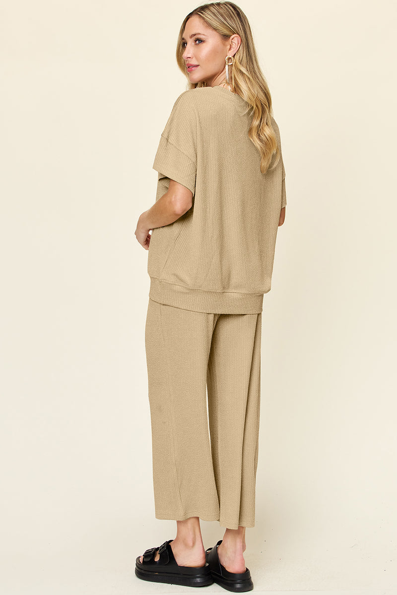 Double Take Texture Round Neck Short Sleeve T-Shirt and Wide Leg Pants