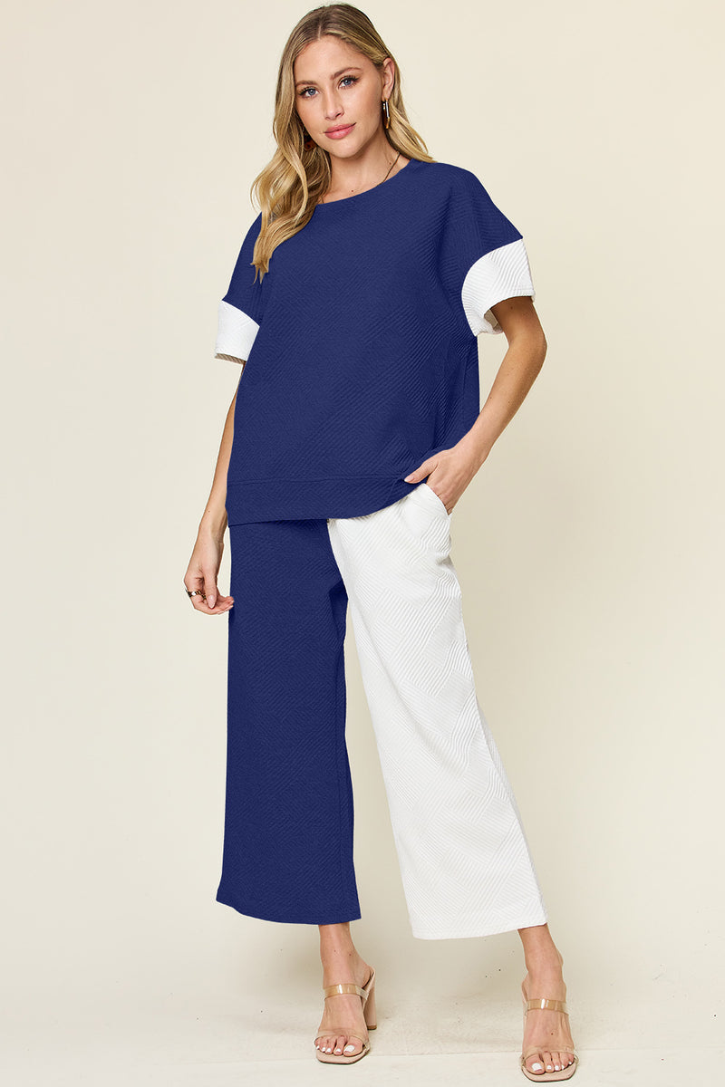 Double Take Texture Contrast T-Shirt and Wide Leg Pants Set