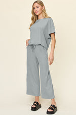 Double Take Texture Round Neck Short Sleeve T-Shirt and Wide Leg Pants