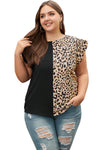 Black Leopard Contrast Block Flutter Sleeve Plus Size Top