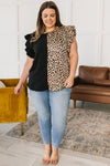 Black Leopard Contrast Block Flutter Sleeve Plus Size Top