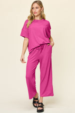 Double Take Texture Round Neck Short Sleeve T-Shirt and Wide Leg Pants